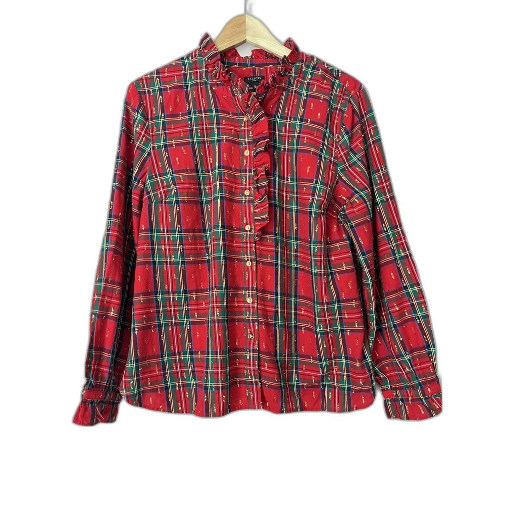 Talbots Metallic Button Front Top Solstice Plaid LP Holiday Tartan Ruffle Red